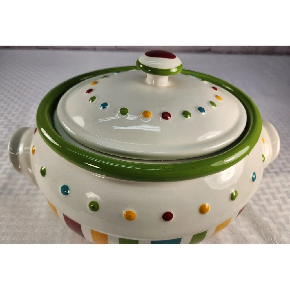 Celebrating Home Covered Stoneware Casserole Dish Tureen Polka Dot Stripe Lid